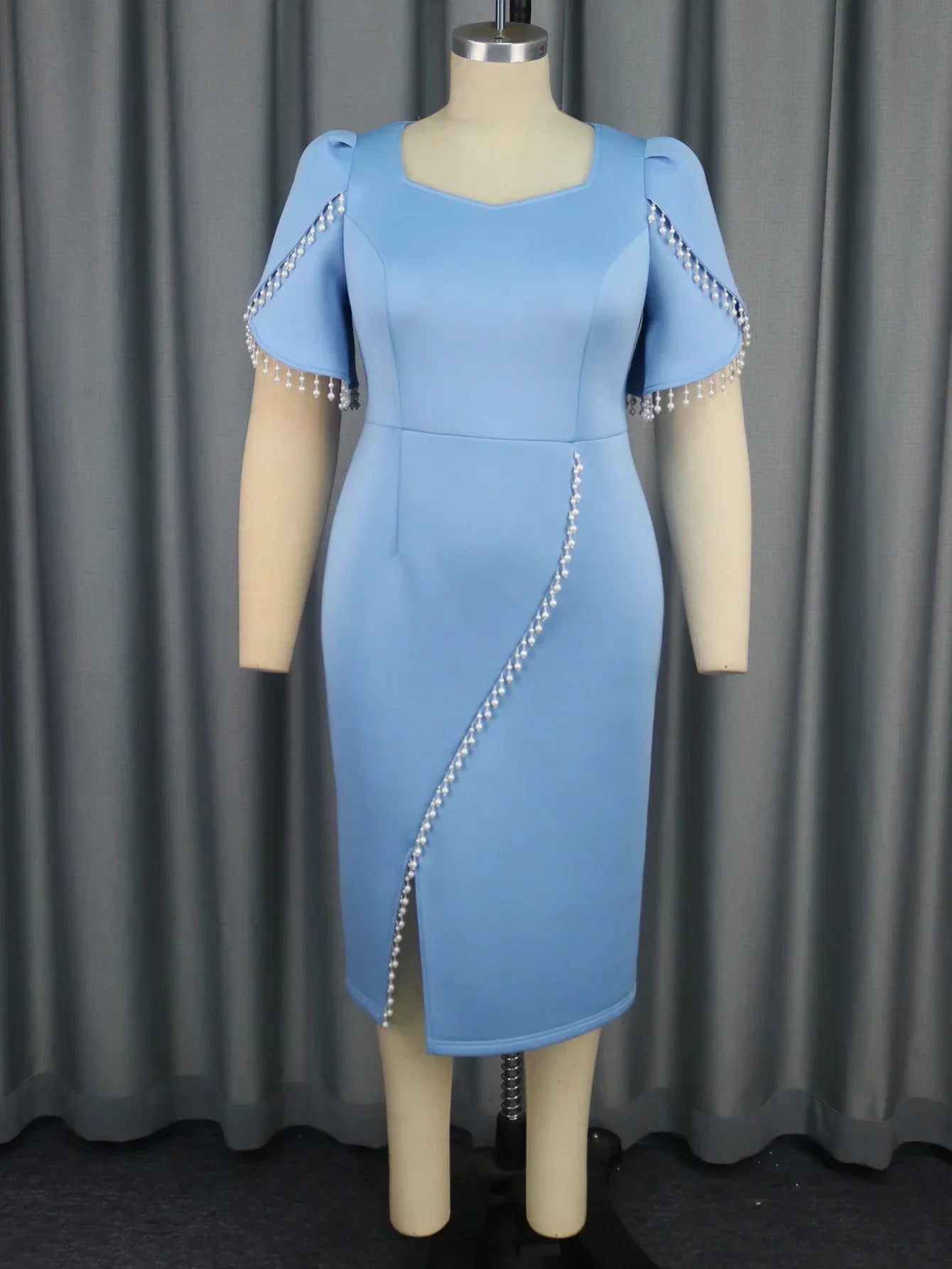 Blue Tassel Evening Gown Square Neck Beaded Patchwork Dress