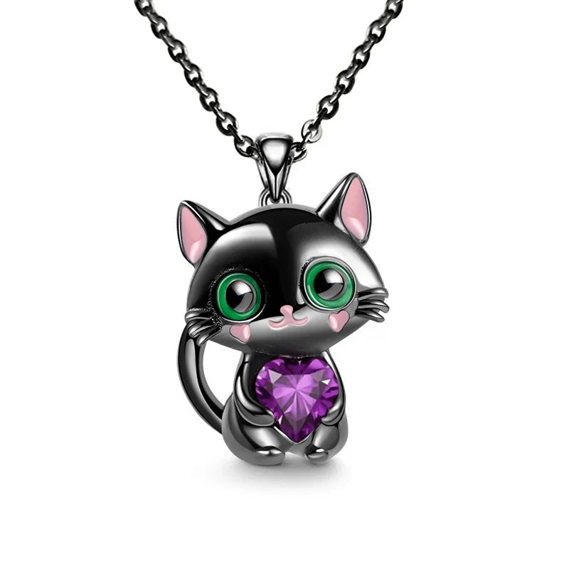 Cartoon Black Cat Pendant Necklace with Purple Heart Crystal for Women and Men Jewelry Accessory