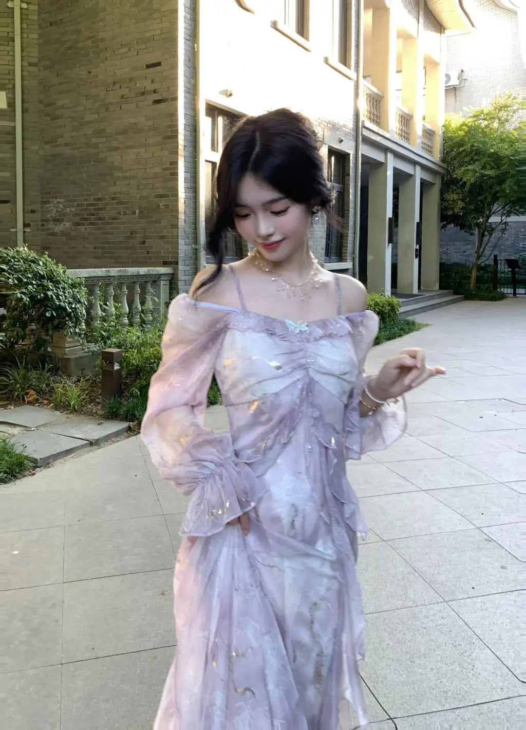 Off Shoulder Dress Ruffle A Line Long French Print