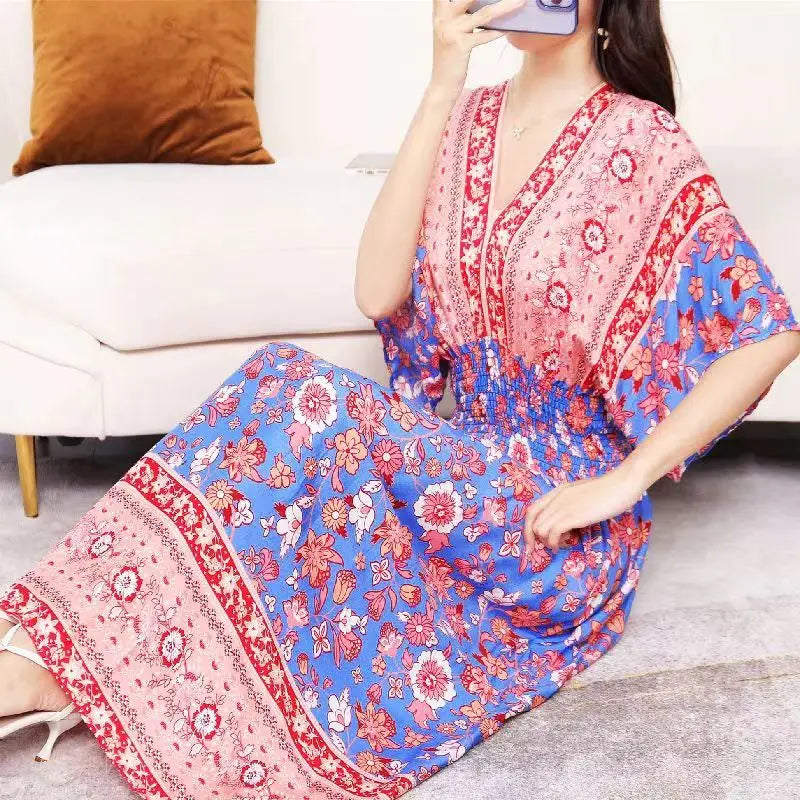 Sweet Countryside Printed Midi Dress V Neck Batwing