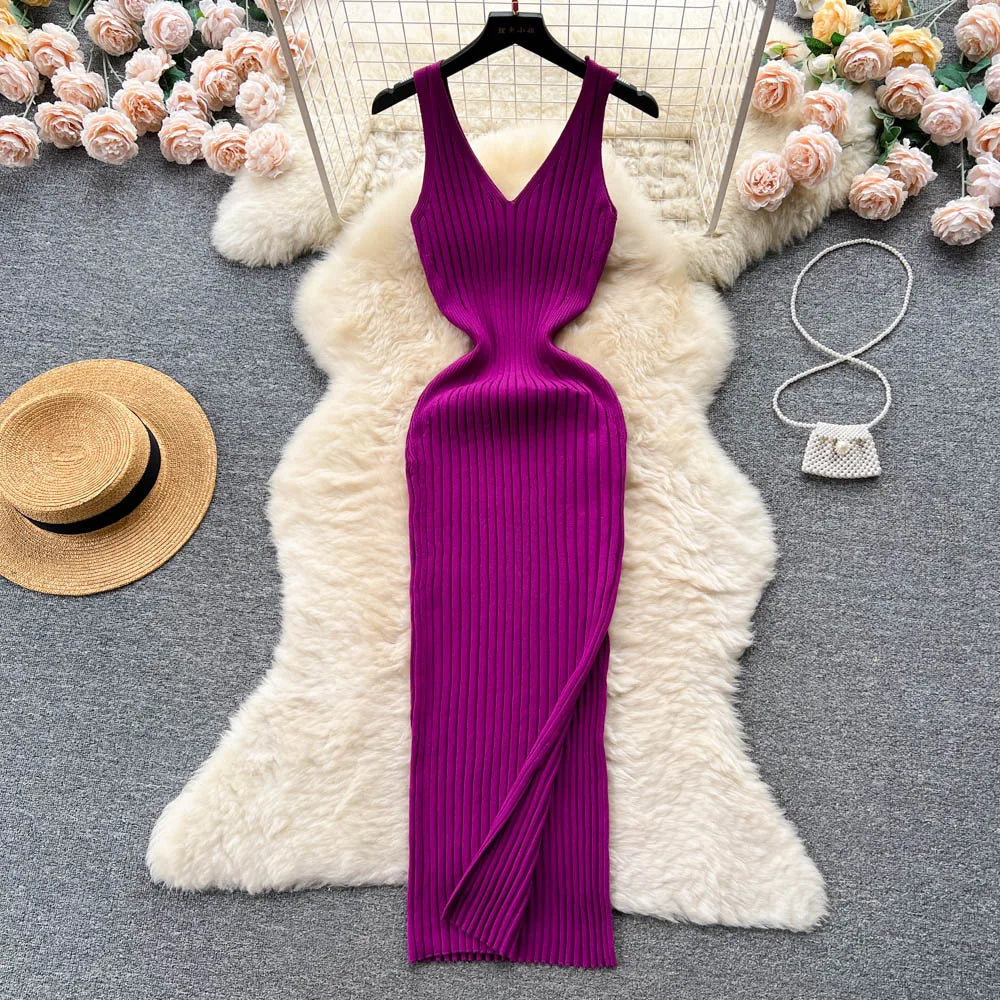 Bodycon Ribbed Knit Dress Women V Neck Slim Fit Elegant