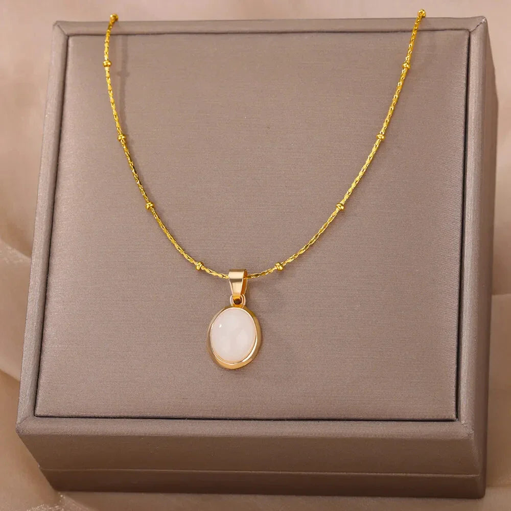 Gold Color Opal Oval Necklace for Women Stainless Steel Pendant Jewelry Gift