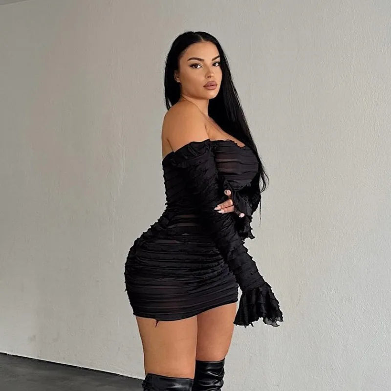 Backless Boat Neck Long Sleeve Dress for Party and Club