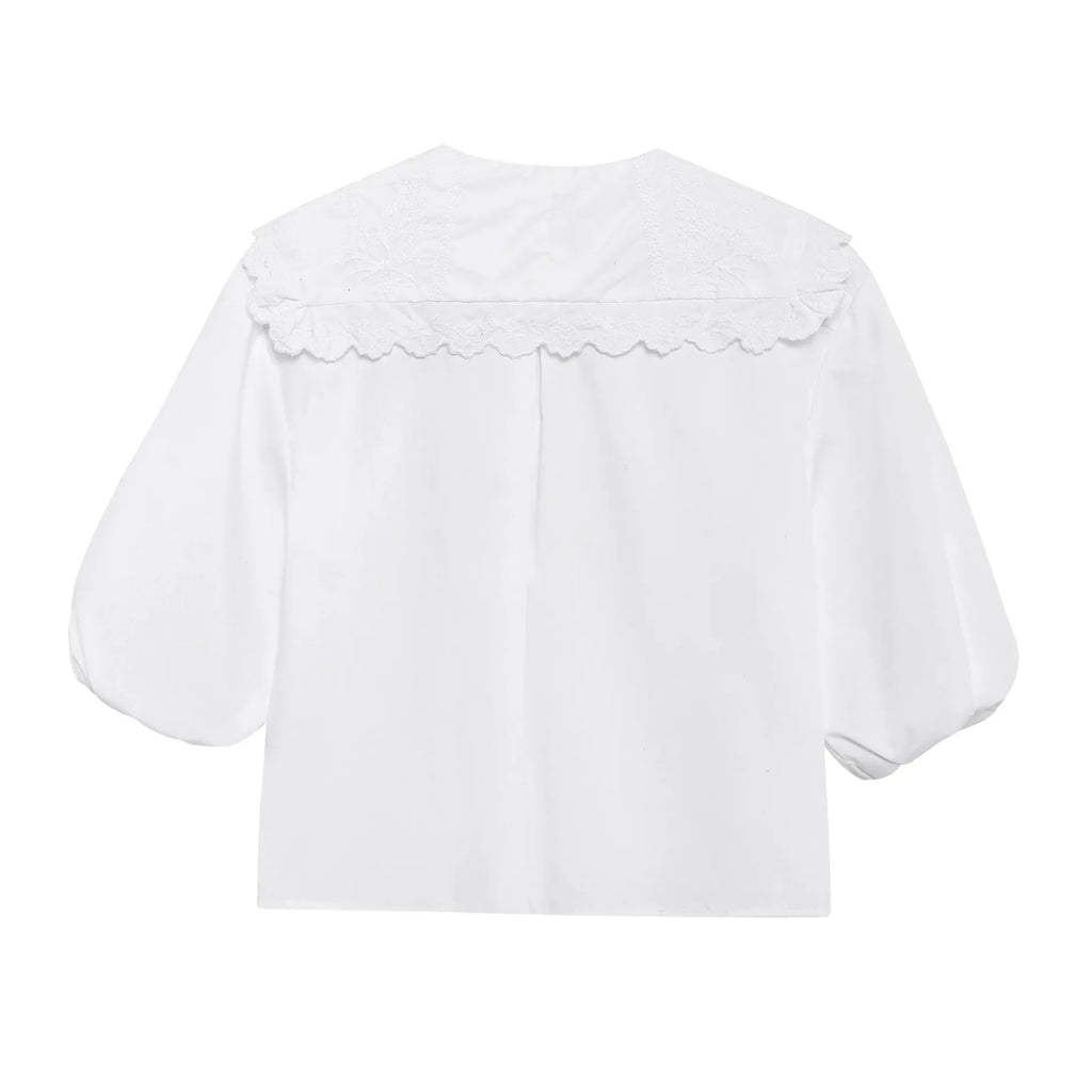 Women's Embroidered Lace-Up Poplin Shirt with Peter Pan Collar Puff Sleeves Loose Hem Casual Chic Top for Spring and Summer