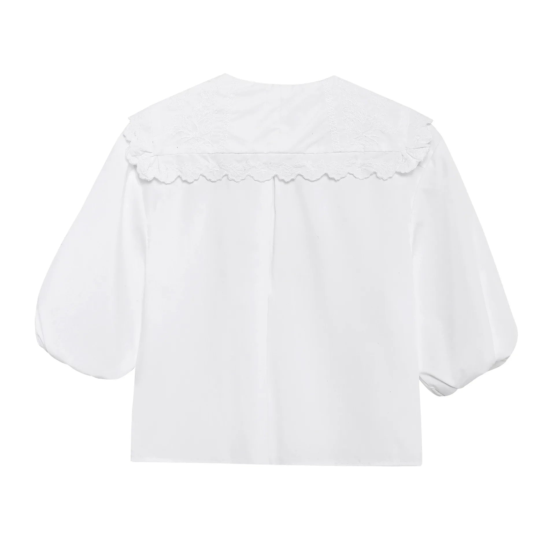 Women's Embroidered Lace-Up Poplin Shirt with Peter Pan Collar Puff Sleeves Loose Hem Casual Chic Top for Spring and Summer