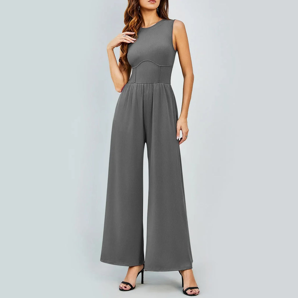 Women Sleeveless High Neck Ribbed Tank Top Jumpsuit Wide Leg Pants Romper with Tummy Control and High Waist Casual Summer Outfit