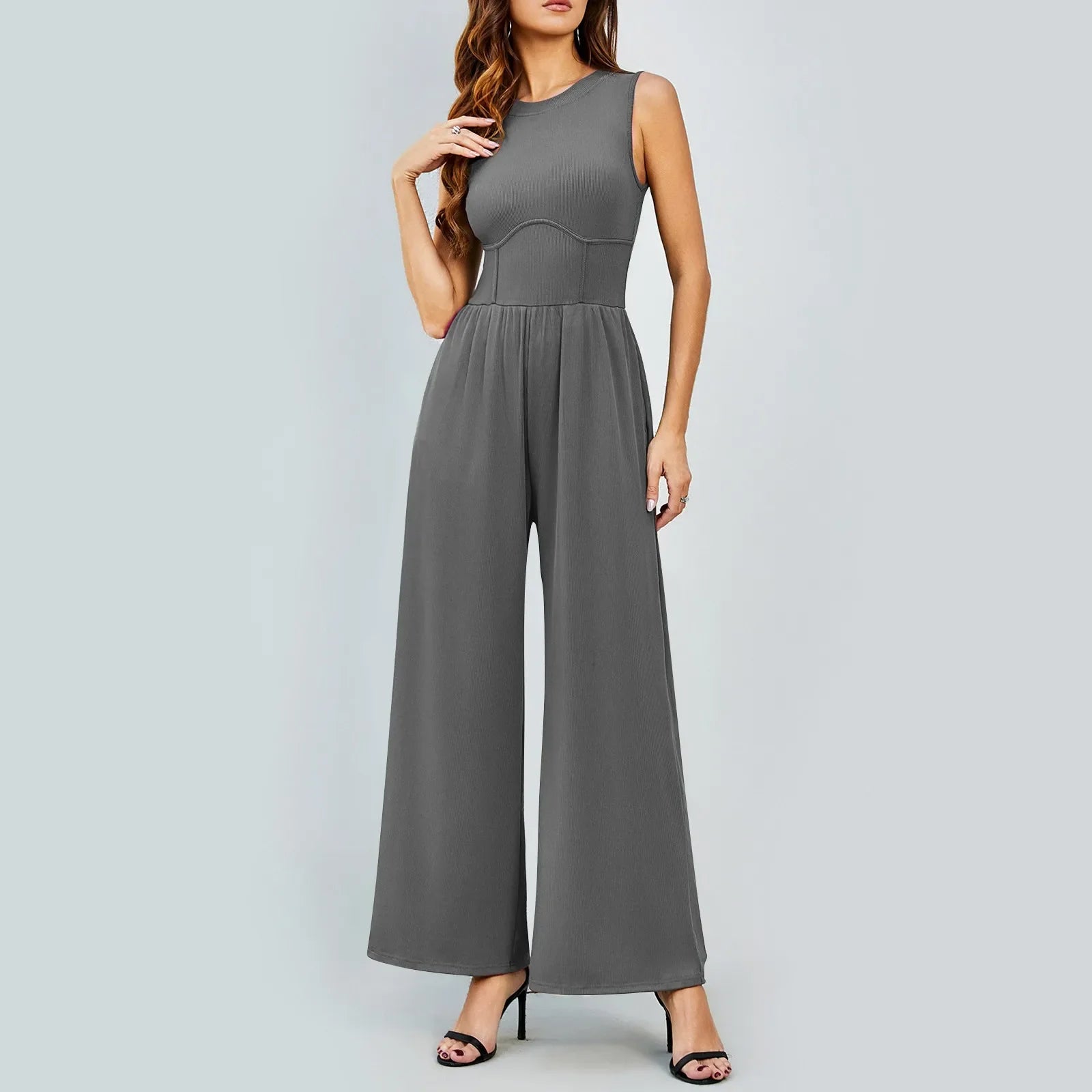 Women Sleeveless High Neck Ribbed Tank Top Jumpsuit Wide Leg Pants Romper with Tummy Control and High Waist Casual Summer Outfit