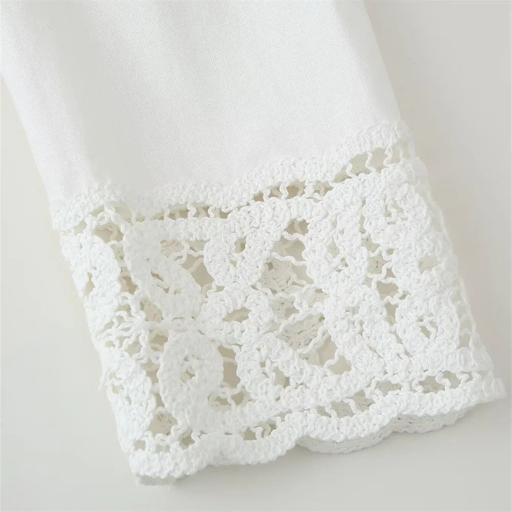 Versatile Women's Crochet Long Sleeve Lapel Shirt and Straight Leg Casual Pants Fashion Set