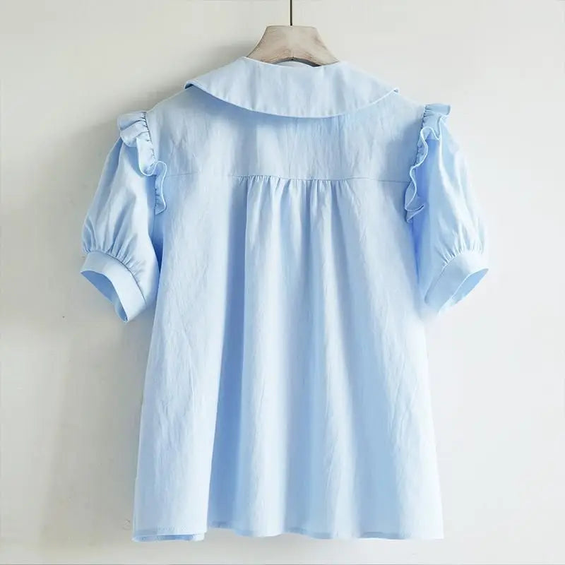 Blue Peter Pan Collar Single Breasted Short Sleeve Loose Fit Women's Blouse Shirt Lightweight Casual Top