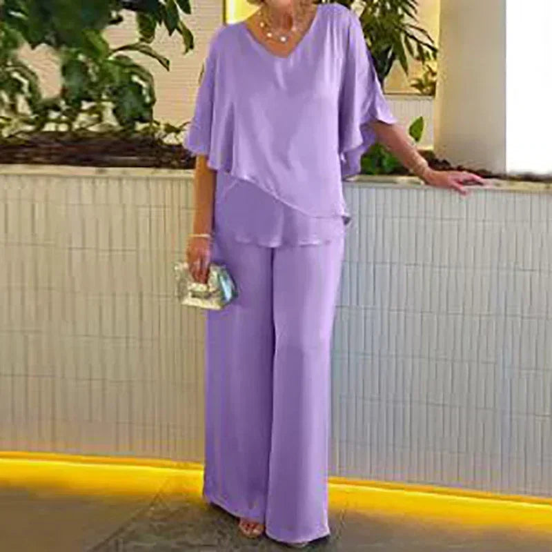 Elegant Women's Summer Two Piece Set with V-Neck Irregular Top and High Waist Wide Leg Pants in Solid Color