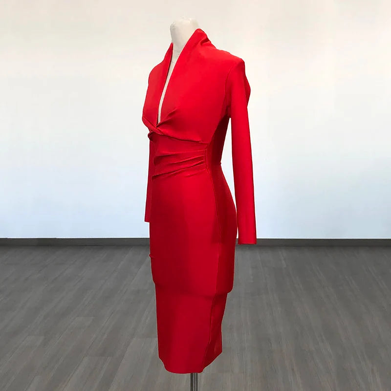 Colorful Deep V Bandage Dress Long Sleeve Bodycon Dress