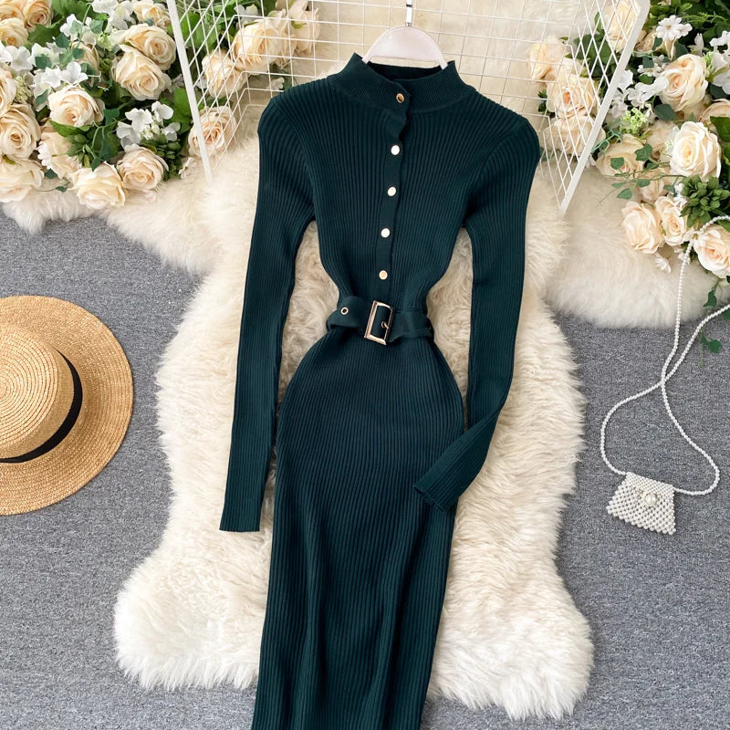 Womens Winter Knitted Dress Stand Collar With Sash Belt