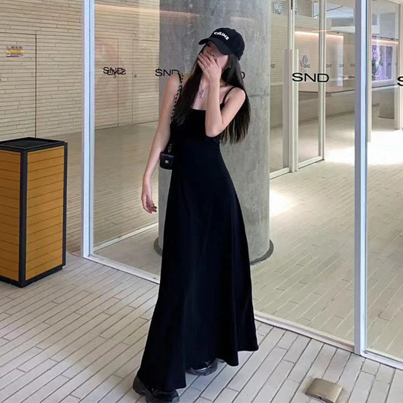 Y2K Black Strap Long Dress Sleeveless Bodycon Sundress
