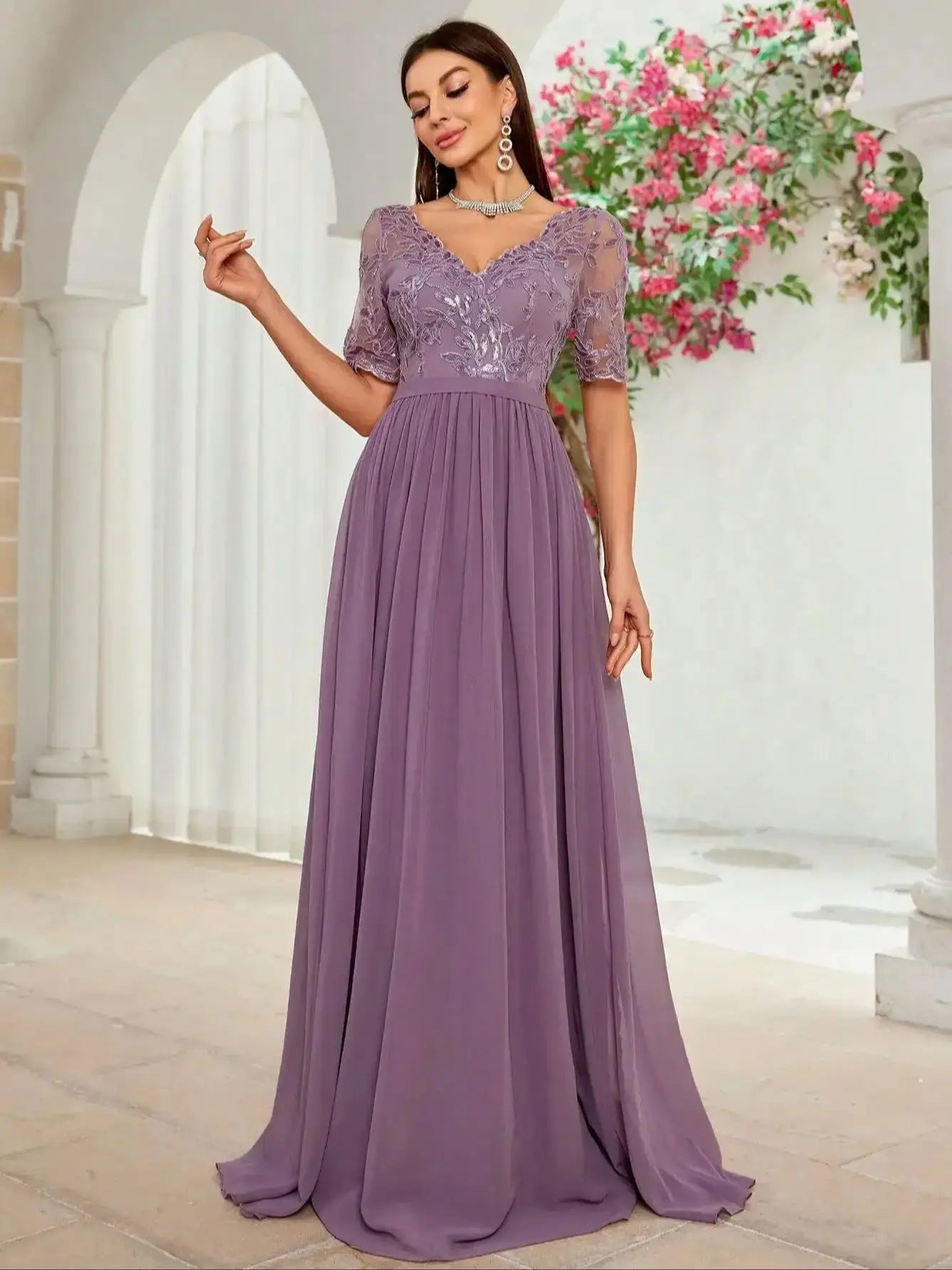 V Neck Embroidered Lace Chiffon Maxi Dress with Sleeves
