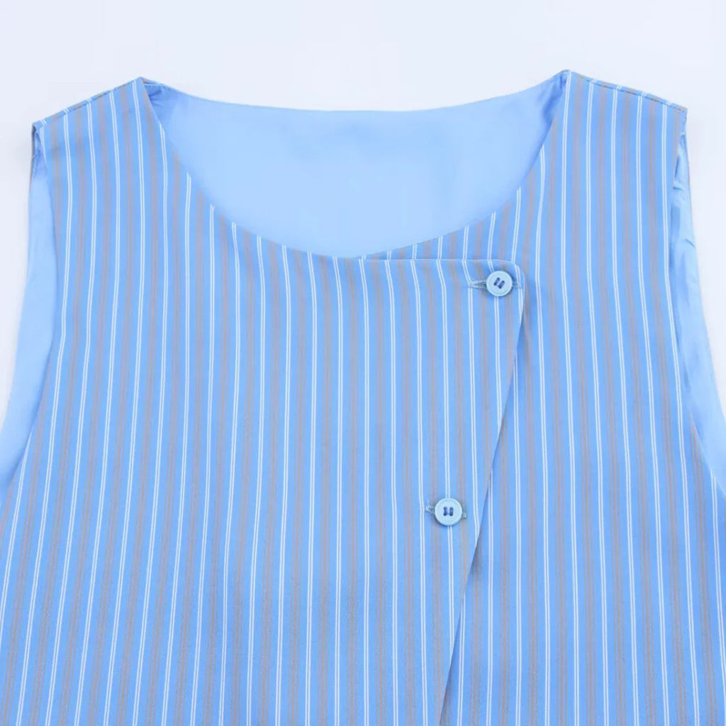 Asymmetric Striped Vest Pants Suit for Women with Round Neck Sleeveless Top and Elastic Waist Pants, Casual Chic Outfit for Spring and Summer