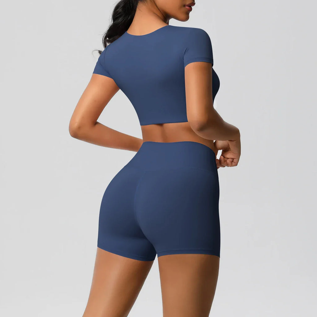 2PCS Women's Fitness Yoga Set High Waist Shorts with Short Sleeve Gym Top Seamless Sportswear Tracksuit for Activewear