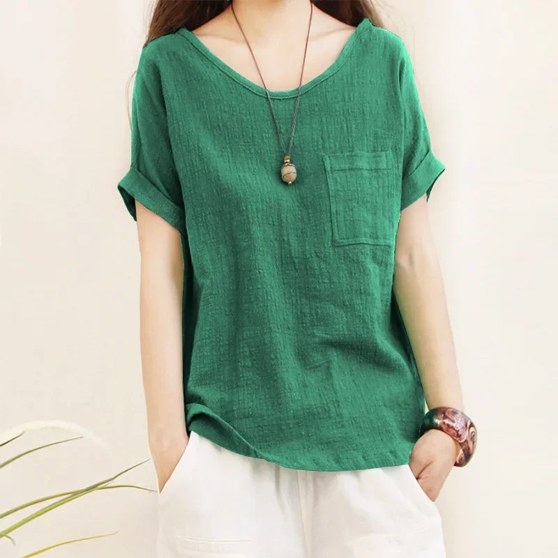 Women's Loose Fit Cotton Linen Blouse Short Sleeve Green O-Neck Casual Summer Top Large Size