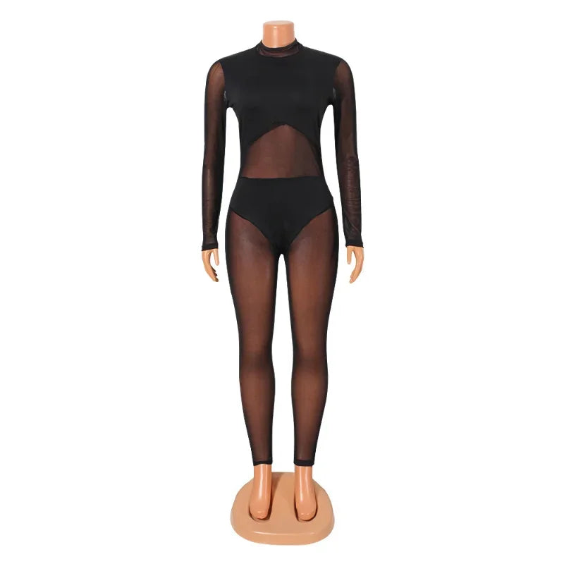 Sexy Black Transparent Mesh Jumpsuit Women Elastic See-Through Bodysuit One Piece Nightclub Outfit