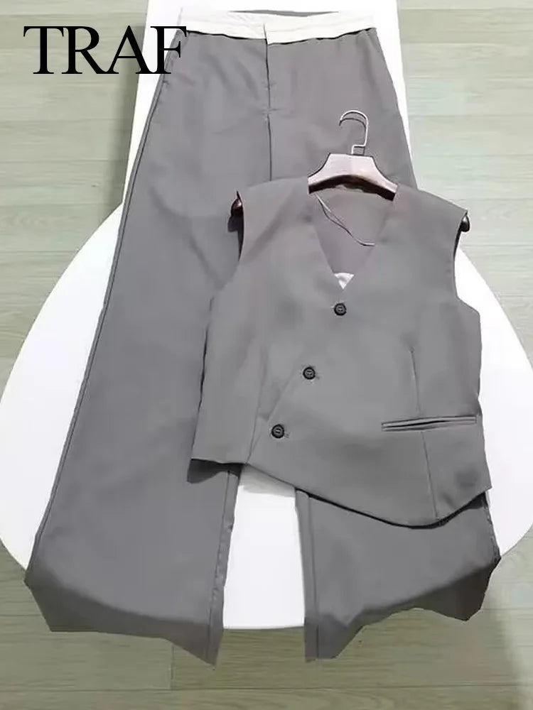 Women's Solid Grey Two Piece Set with Sleeveless Asymmetrical Vest and High Waist Wide Leg Trousers Casual Outfit