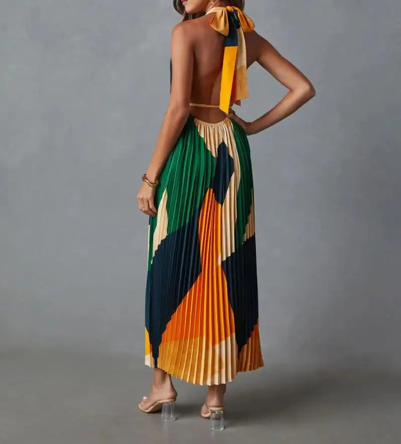 Elegant Backless Pleated Printed Dress For Summer Women