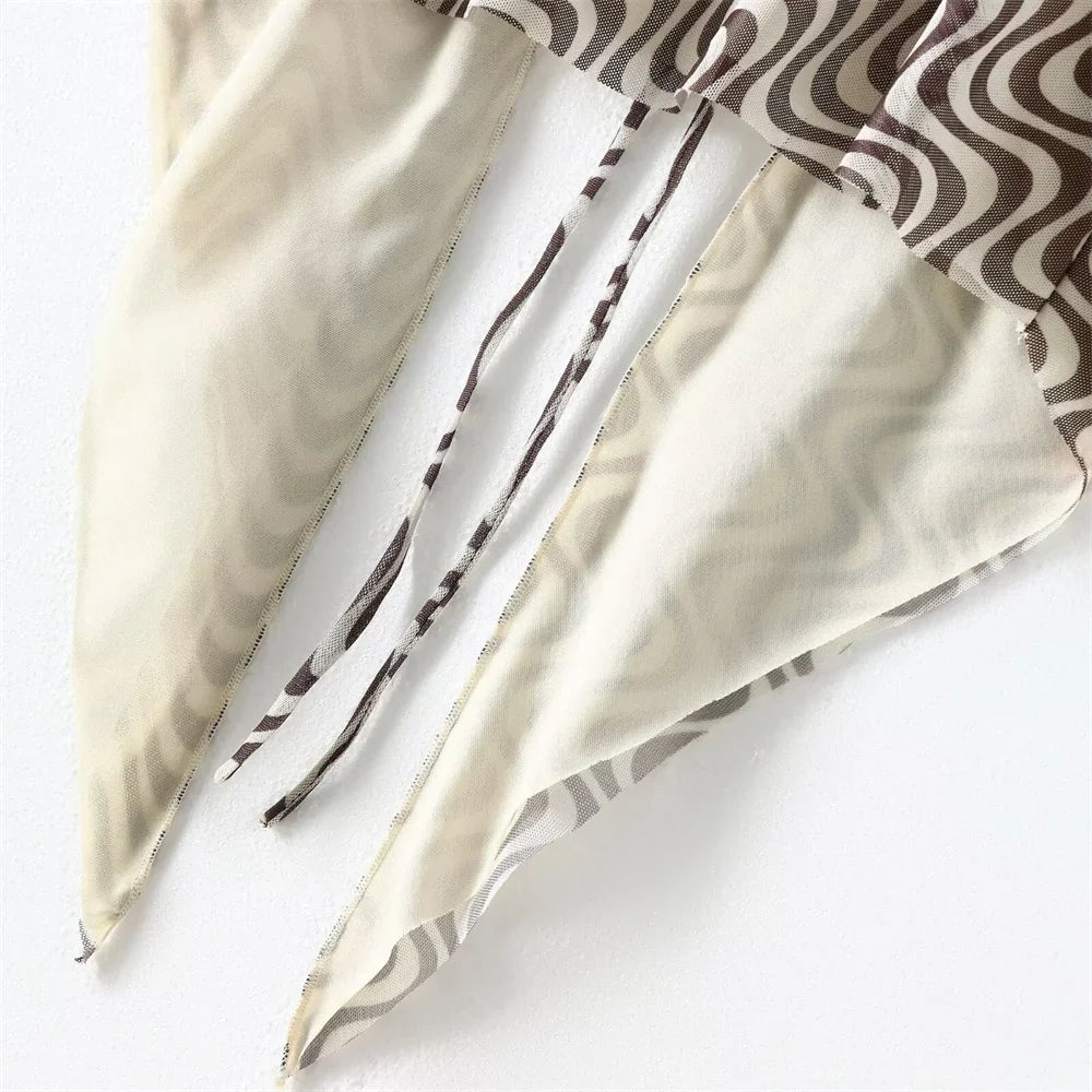 Women's Silk Screen Print Hanging Neck Open Back Top with High Waist Slimming Skirt Set Summer Fashion Two-Piece Outfit