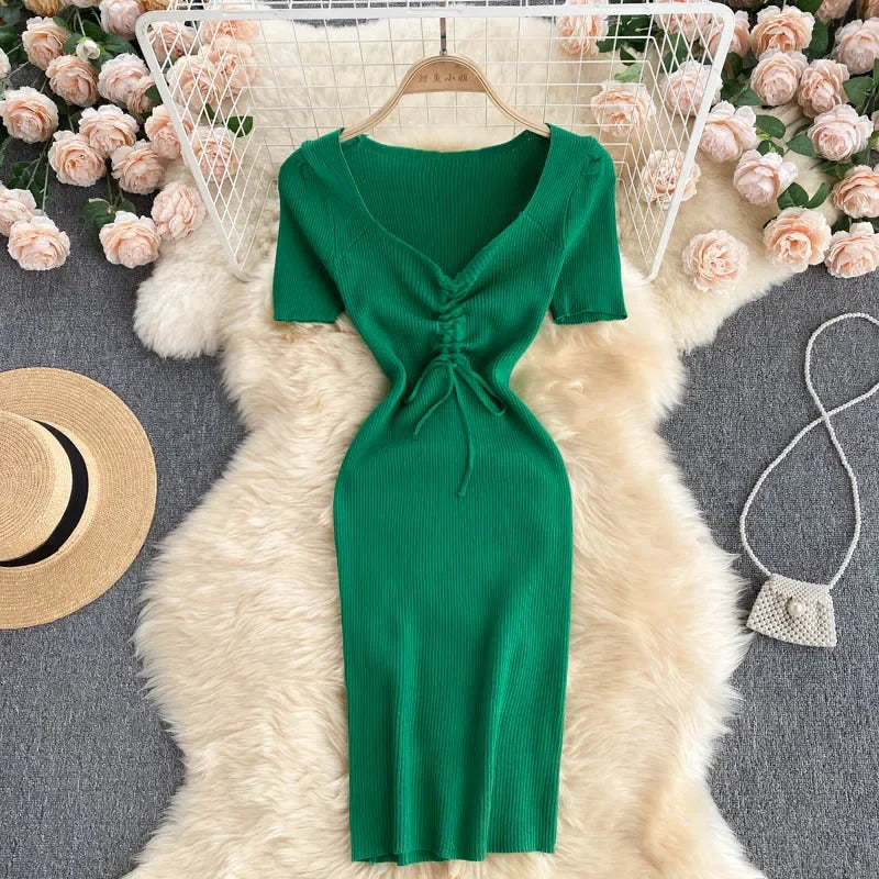 Korean Knit Bodycon Dress V Neck Drawstring Short Sleeves