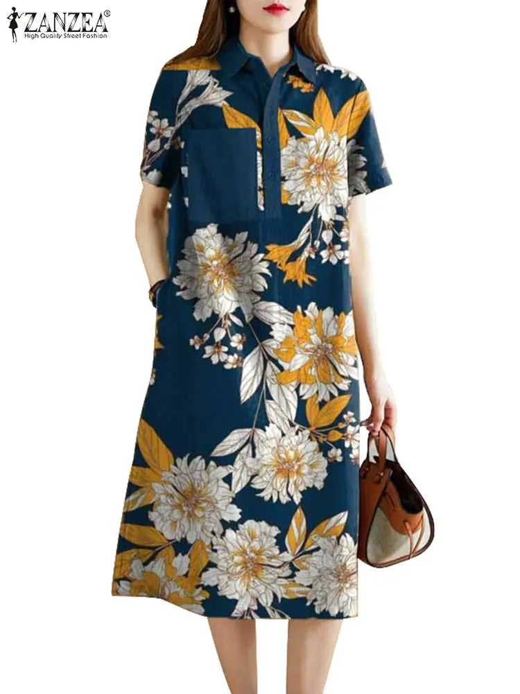 Bohemian Floral Shirt Dress For Women Vintage Short Sleeve