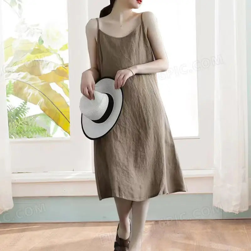 Cotton Linen Beach Dress Women Sleeveless A Line Summer