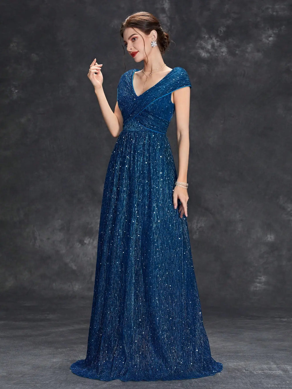 V-Neck Evening Gown with Mesh Details A-Line Full Skirt