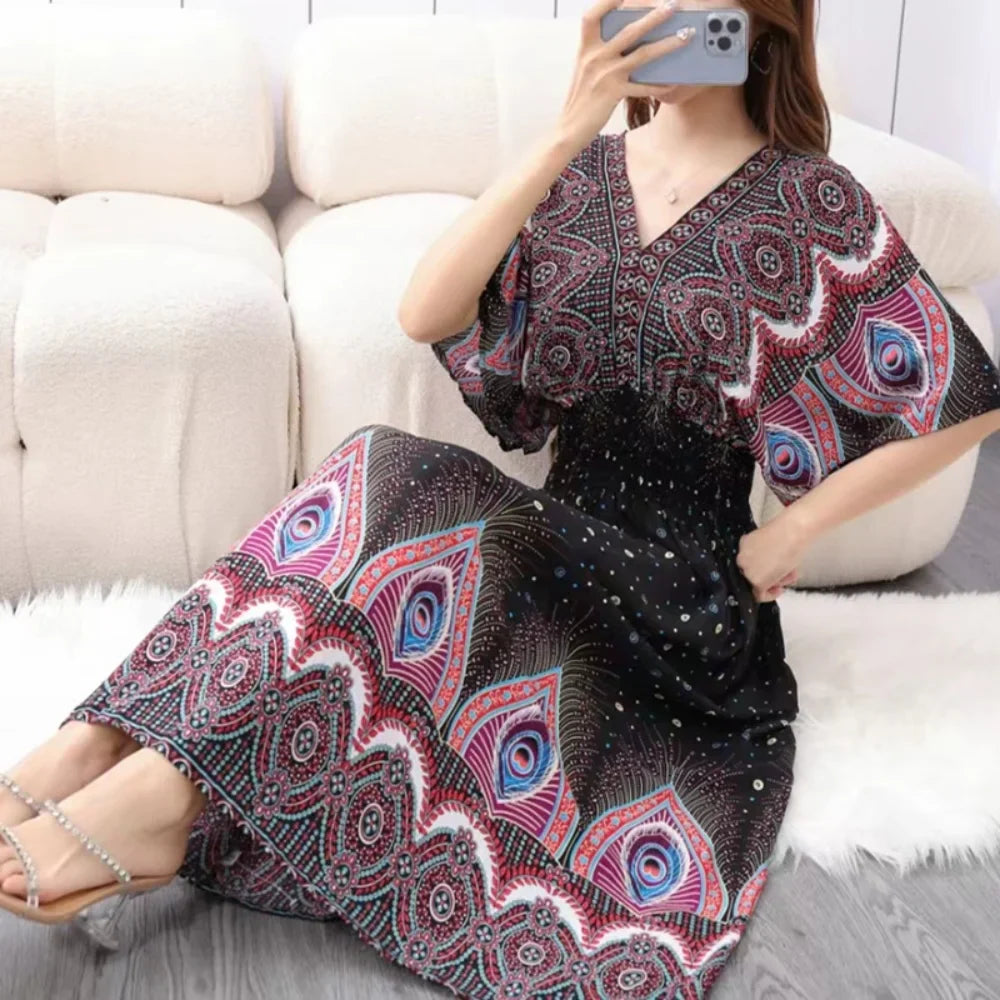 Chic Womens V Neck Vintage Boho Print A Line Dress Style