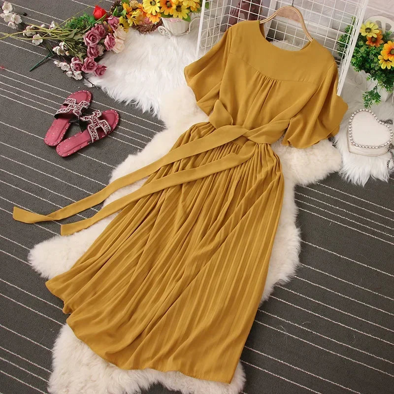 Chiffon Pleated Lace Up V Neck Dress For Women Summer