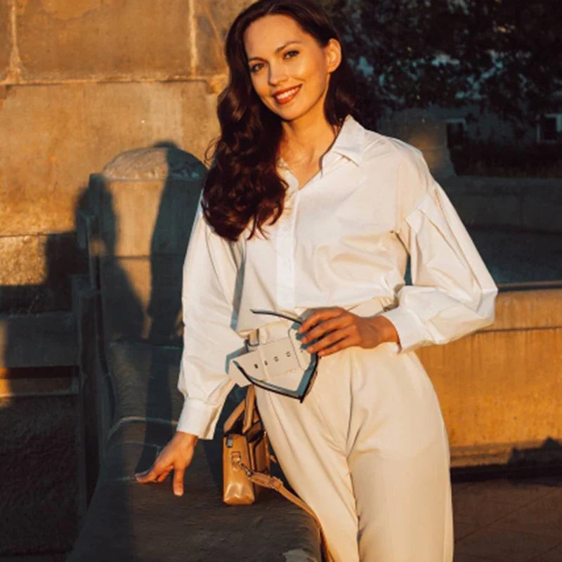 Women Vintage White Button-Up Blouse Casual Lantern Sleeve Oversized Loose Cotton Shirt Stylish Office Ladies Tops