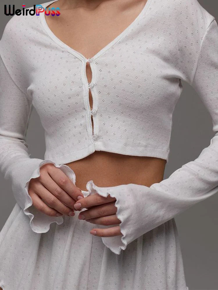 Casual Solid Two Piece Set for Women Long Sleeve Single Breasted Crop Top with Ruffled Thin Mini Shorts Autumn Trend Stylish Matching Outfit