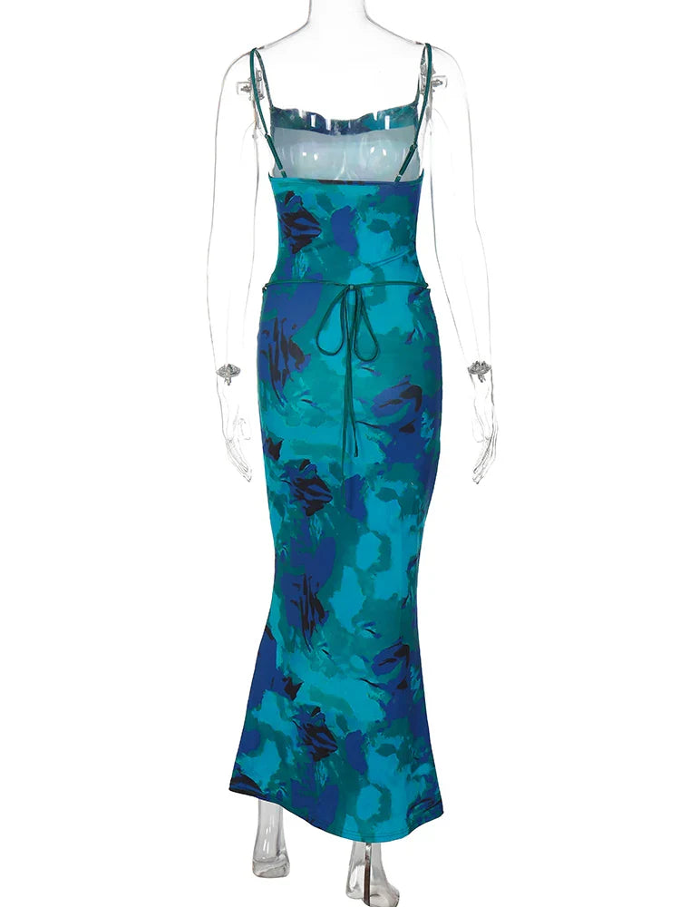 Floral Spaghetti Straps Maxi Dress Backless Evening Party