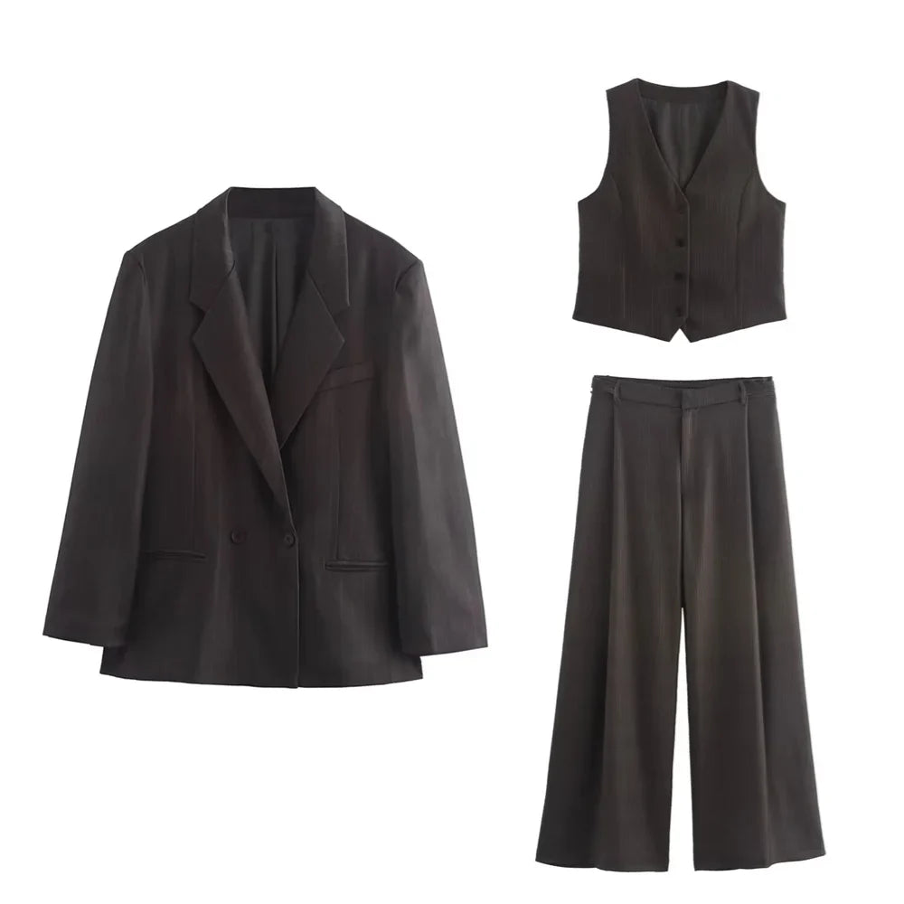 Autumn Women's Fashion Striped Loose Suit Coat with Buckle Decoration and High Waist Striped Pants Set