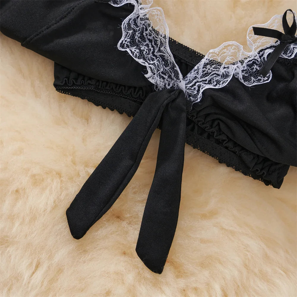 Sexy Maid Cosplay Lingerie Set with V-Neck Crop Top and Elastic Waist A-Line Mini Skirt