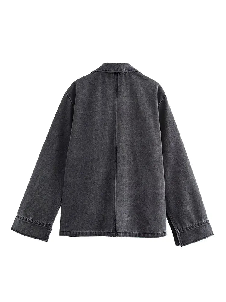 Casual Denim Two Piece Set with Elastic Waist Wide Leg Pants and Polo Collar Long Sleeve Top Loose Fit Stylish Outfit