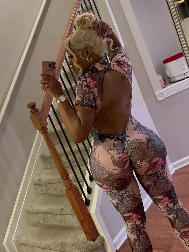 Colorful Mesh Print Jumpsuit for Women Sheer Backless Summer Clubwear Peach Buttocks Contour Tight Fit Overalls