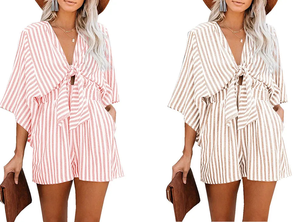Women's Summer Slimming Striped Jumpsuit with Deep V Neck, Flared Three Quarter Sleeves, and Wide Leg Pants