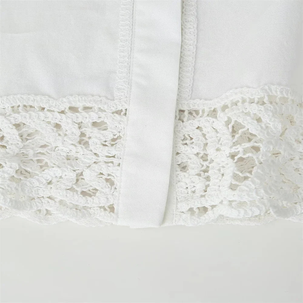 Women White Long Sleeve Blouse and Wide Leg Pants Set with Lace Trim Elegant Design