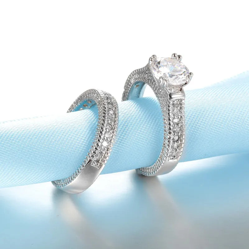 Elegant 925 Sterling Silver Engagement Couple Rings Set with Shiny Cubic Zirconia for Weddings and Anniversaries