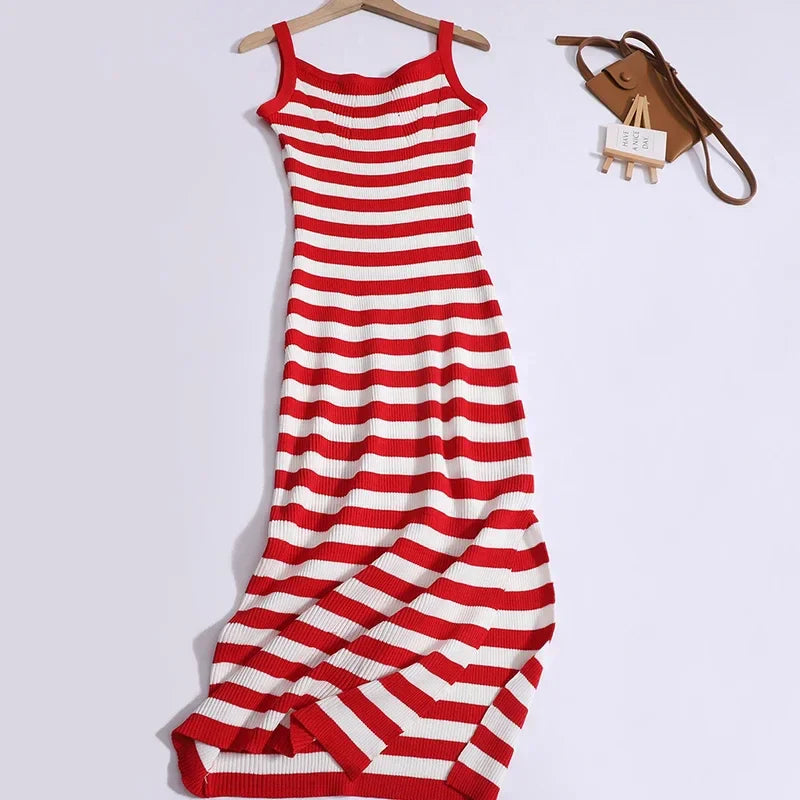 Striped Knit Slip Dress With Slim Waist For Summer Chic