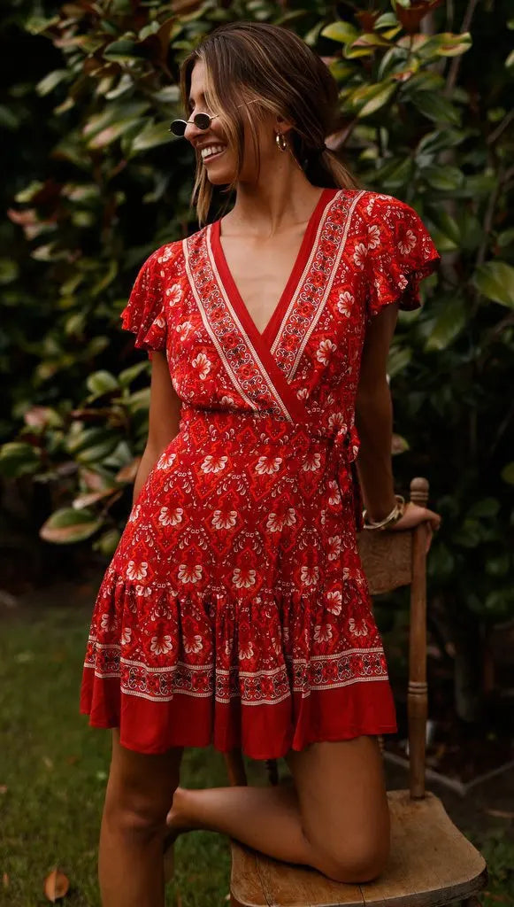 Bohemian Printed Dress With V Neck Lace Up Short Skirt