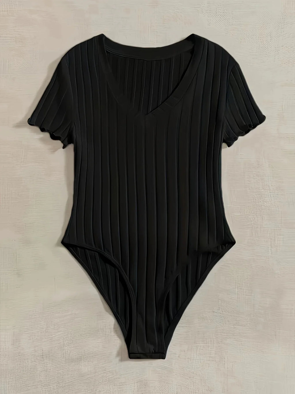 Elegant Ribbed V-Neck Bodysuit with Lettuce Trim and Semi-Sheer Comfort Fit for All Seasons