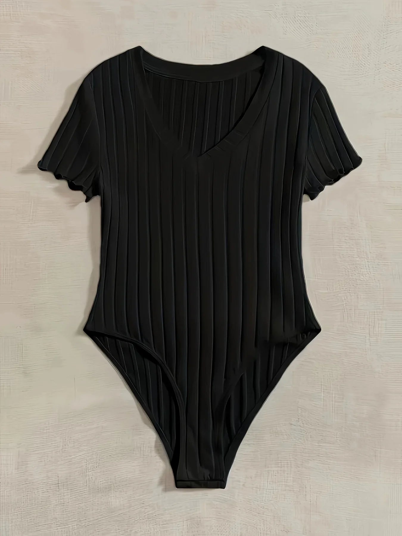 Elegant Ribbed V-Neck Bodysuit with Lettuce Trim and Semi-Sheer Comfort Fit for All Seasons