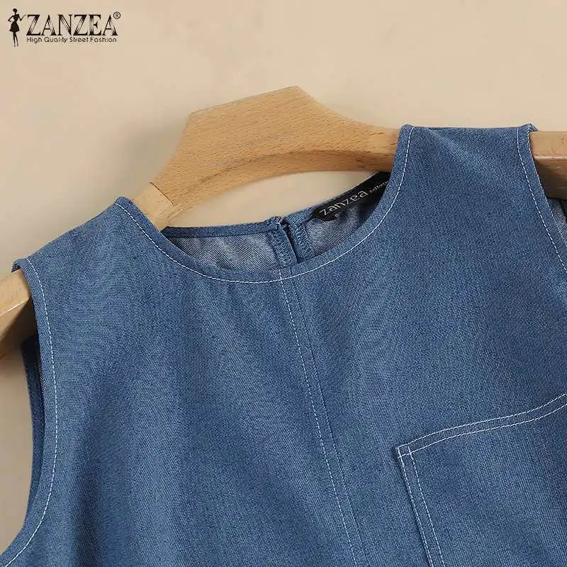 Denim Midi Dress for Women Sleeveless O Neck Blue Casual