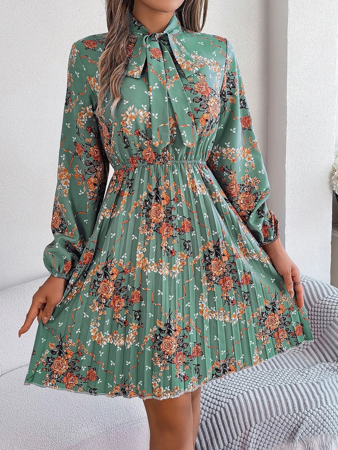 Floral Print Lace Up Long Sleeve Pleated Dress With Bow