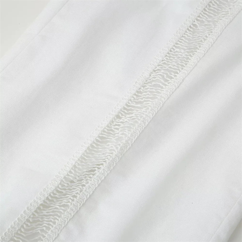 Women White Long Sleeve Blouse and Wide Leg Pants Set with Lace Trim Elegant Design