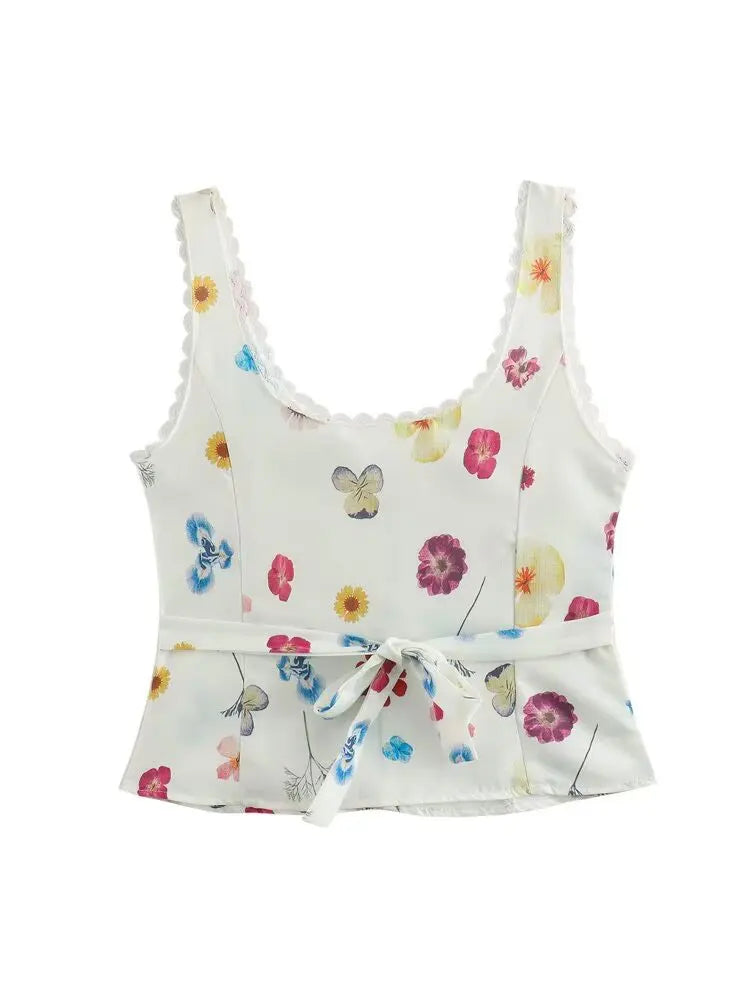 Women's Square Collar Lace-Up Slim Fit Top and Single Breasted A-Line Midi Skirt Two-Piece Set with Feminine Print