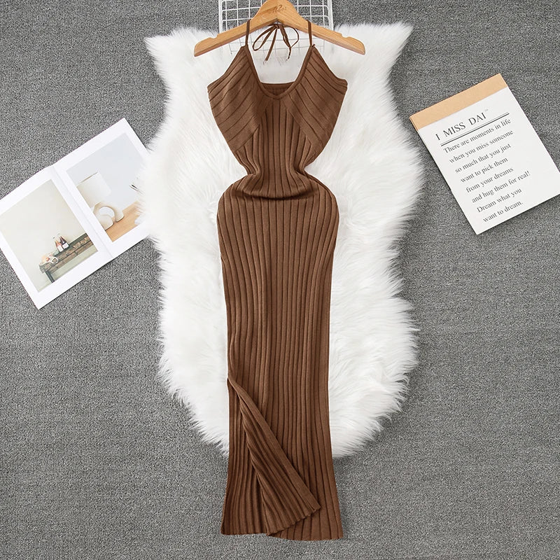 Ribbed Knit Bodycon Wrap Dress With Split Hem For Summer